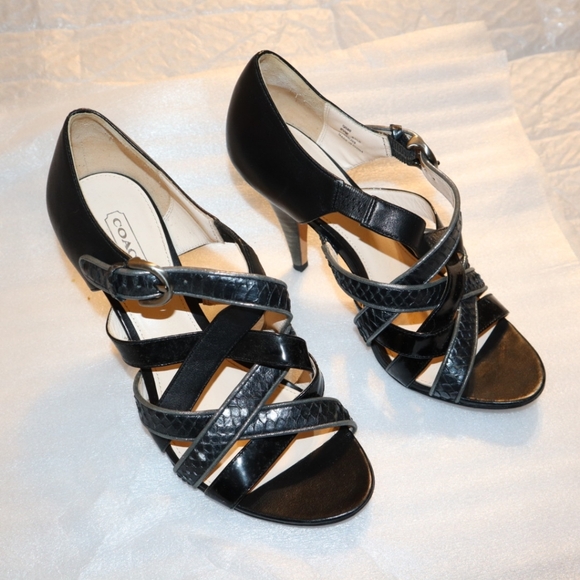 Coach Evie Black Leather Strappy Heeled Sandals Women's Size 6.5B - Picture 4 of 10